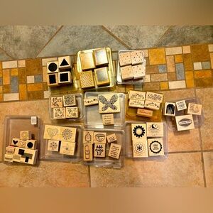 Huge Lot Stampin Up Rubber Wood Mounted Stamps Floral Shapes Words Scrapbooking